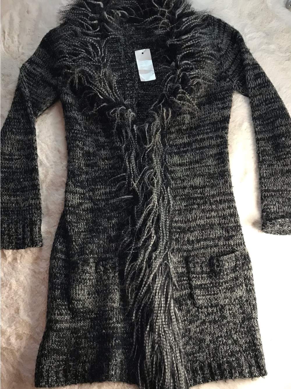 BCBGMAXAZRIA Marled Faux Fur Trim Long Cardigan Sweater NWT 🤍 Luxe Cozy Layer